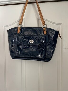 Patent Leather coach Tote Bag with Tan Handles
